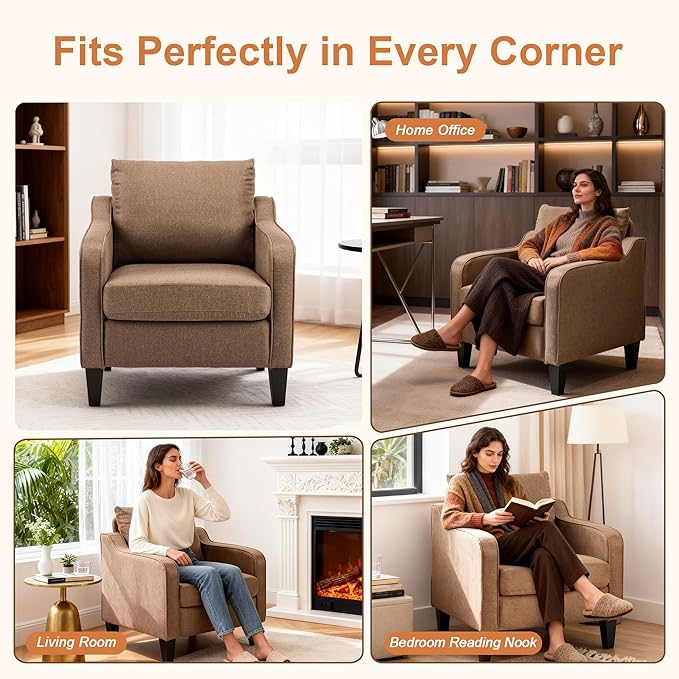 Accent Chair Brown Mid Century Modern Arm Chair Fine Linen Fabric Upholstered Armchair with Scooped Arms Comfy Reading Chair for Living Room Bedroom Office Apartment
