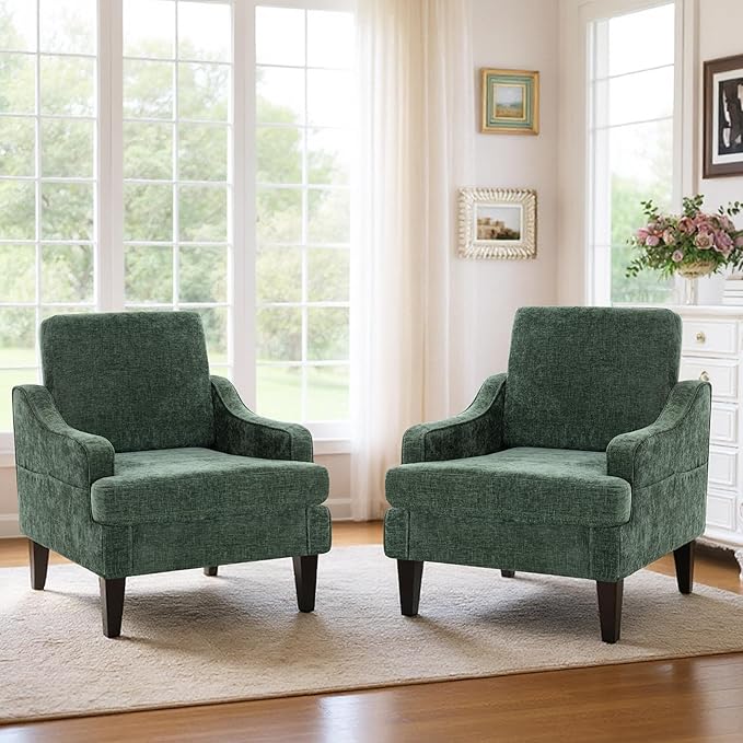 Set of 2 Accent Chair for Living RoomMid-Century Arm Chair Chenille Fabric Living Room ChairsUpholstered Reading Chair for BedroomSingle Sofa Chair with Wood Legs for Apartment (Green)