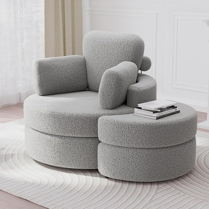 MEISSALIVVE Swivel Accent Chair - Swivel Chair with Ottoman Cuddle Round Lounge Sofa with Pillow 360° Rotating Barrel Sofa Chairs for Living Room (Grey)