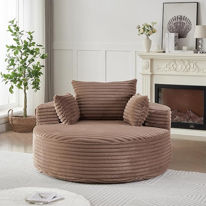 Oversized Round Chaise Lounge Chair Indoor 55W Circle Comfy Armchair with Deep Seat Floor Cloud Boneless Chair Upholstered Modern Cozy Sofa Chairs for Living Room Bedroom(Corduroy Brown)