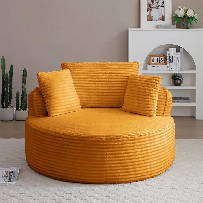 53'' Oversized Round Chaise Longue Chair Upholstered Corduroy Single Cloud Circle Sofa Chair Comfy Deep Seat Boneless Couch Bed No Assembly Required for Living Room Bedroom Apartment Yellow
