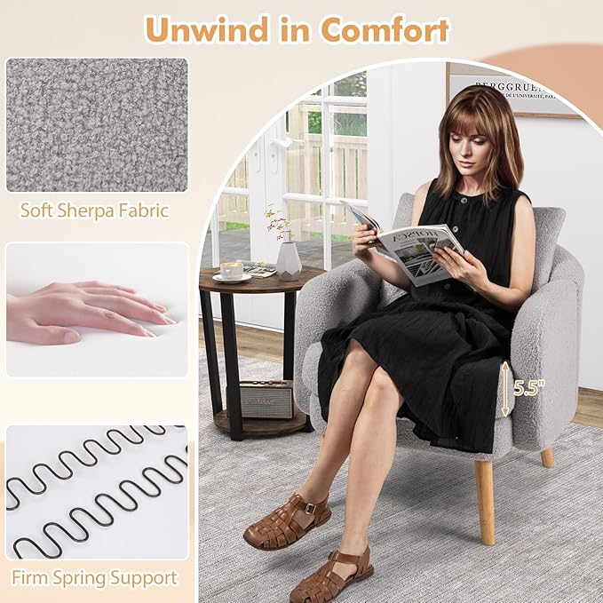 Giantex Sherpa Accent Chair Modern Upholstered Single Sofa Chair with Back Pillow &amp Solid Rubber Wood Legs Teddy Barrel Arm Chair for Reading Living Room Bedroom Office Grey