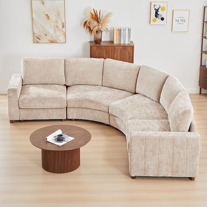 ORRD Curved Sectional Sofa Convertible L Shaped Couch with Deep Seat Boucle Modular Sectional Sofa with Pillows Curved Chenille Comfy Corner 4 Seat Couch for Living Room Beige