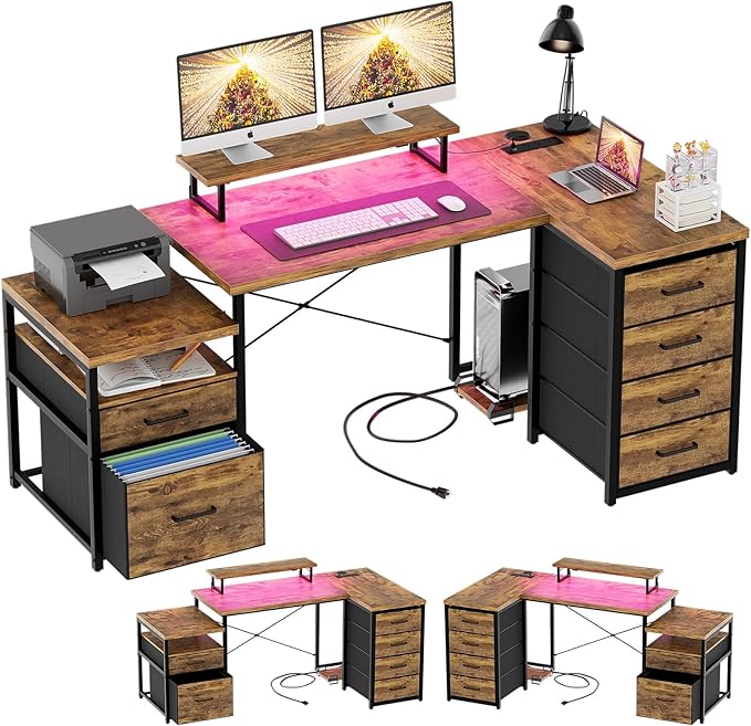 Unikito Reversible L Shaped Computer Desk with Fabric File Drawers 70.8 Large Office Desk with RGB LED Light &amp Power Outlets &amp Monitor Stand &amp CPU Stand Sturdy Corner Gaming Desk Rusti