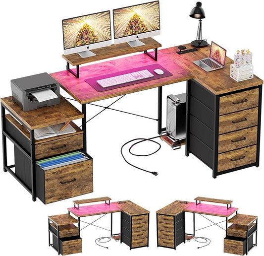 Unikito Reversible L Shaped Computer Desk with Fabric File Drawers 70.8 Large Office Desk with RGB LED Light &amp Power Outlets &amp Monitor Stand &amp CPU Stand Sturdy Corner Gaming Desk Rusti