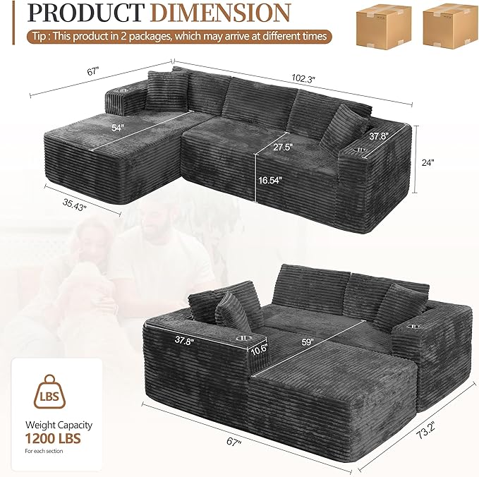 Vongrasig 103 Boneless Couches for Living RoomSectional Couches Modular Sofa with L-Shaped Chaise Memory Foam Comfy Cloud Couch with Plush Corduroy Fabric No Assembly Required Dark Grey