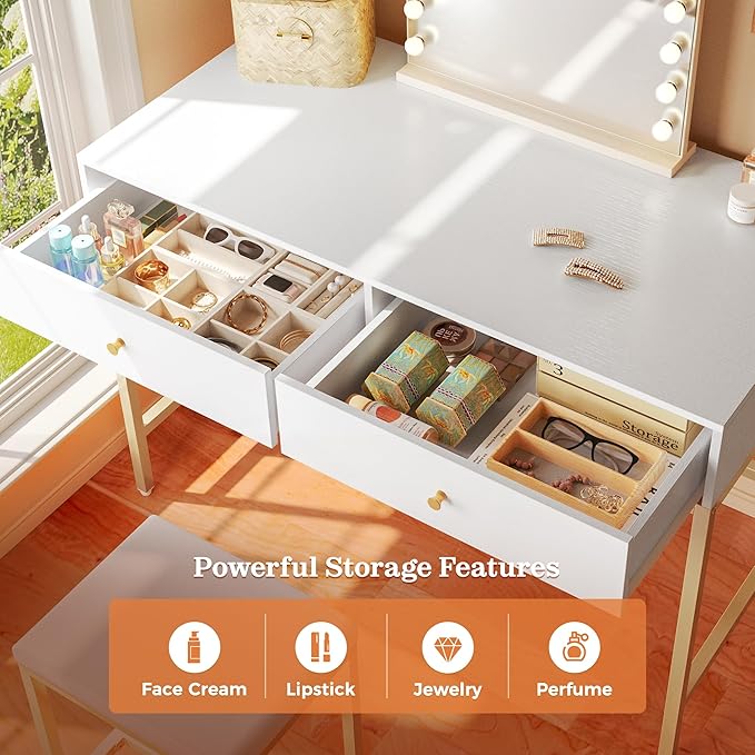 SUPERJARE 43-inch Modern White &amp Gold Desk - 2 Drawer Vanity Computer &amp Home Office Study Desk for Writing &amp Bedroom