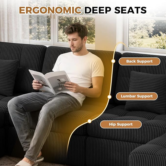 112 L Shaped Cloud Boneless CouchModern Modular Sectional Sofa with Layered CushionNo Assembly Convertible Corduroy Couches for Living RoomBlack 1 PCS