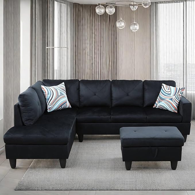 L Shaped Sectional Couch with Ottoman Modern Lounge Modular Sectional Sofa with Storage L Shaped Couch for Living Room Bedroom Dark Blue