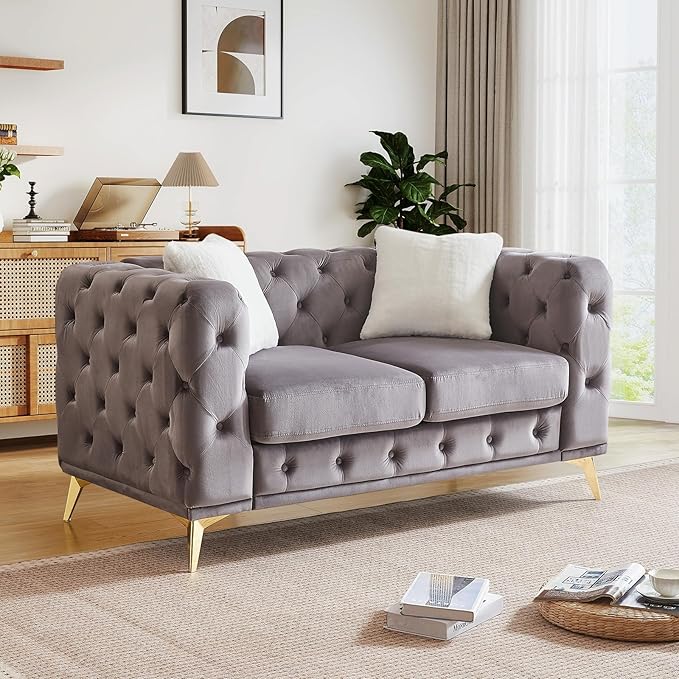 Mid Century Modern Loveseat Couch61W Luxury Upholstered Velvet Small Couch with Button Tufted &amp Gold Legs Deep Seat Comfy Chesterfield Sofa for Living Room Bedroom Office(2 Seater Grey)