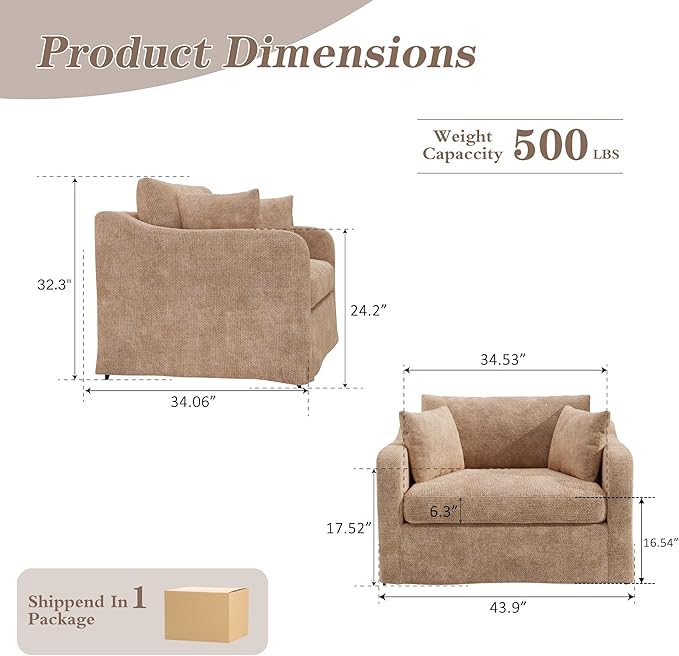 Mlmh &amp Kngwa Chenille Oversized Accent Chair 45.27 Wide Comfy Single Sofa Big Cozy Chairs with 3 Pillows Upholstered Reading Lounge Chair for Living Room Bedroom Wheat