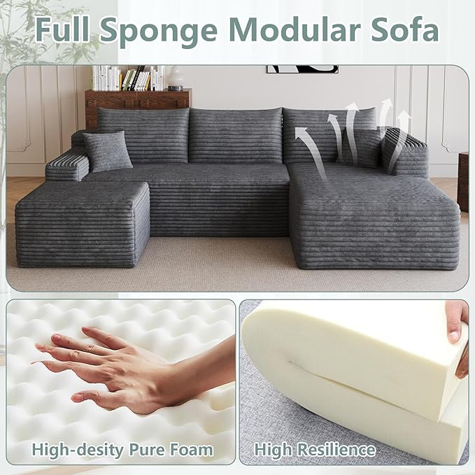 95 Modular Sectional Sofa with Ottoman Modern Corduroy Cloud Couch with Deep Seat Boneless Couch Upholstered 3-Seater U-Shaped Sofa for Living Room No Assembly (Dark GrayRight-Facing Chaise)