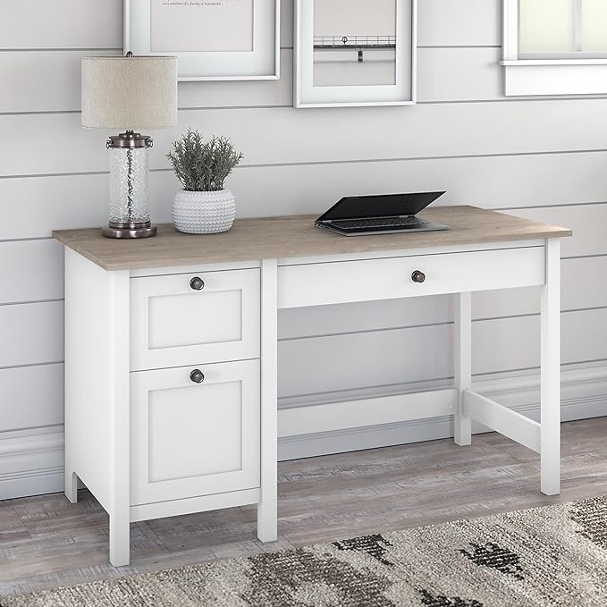 Bush Furniture Mayfield 54W Computer Desk with Drawers in Pure White and Shiplap Gray| Table and Storage for Home Office Workspace