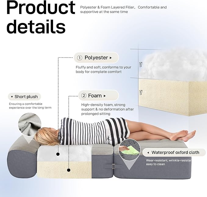 Daneey Convertible Folding Sofa Bed Folding Chair Bed Convertible Chair Bed Sleeper and Fold Out Couch Foam Floor Sofa Couch Bed Futon Sofa Bed for Bedroom/Living Room/Dorm Gray