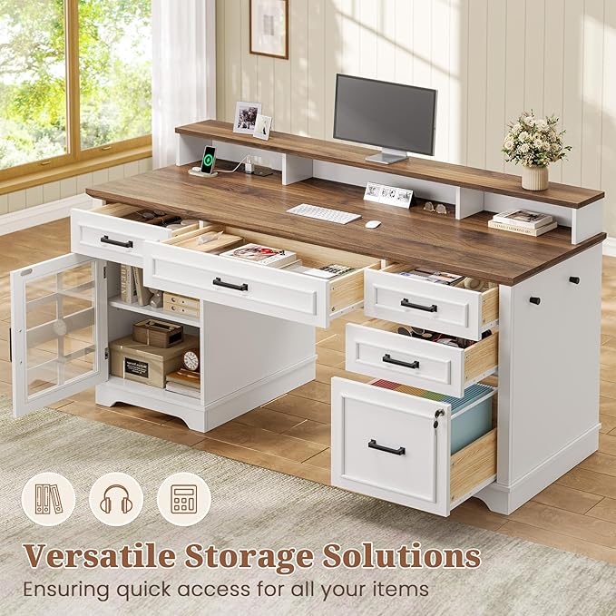 60'' Farmhouse Executive Desk with Drawers Home Office Desk with Power Outlet &amp LED Light Wood Computer Desk with Monitor Stand Locking File Drawer Glass Storage Cabinet Hooks White