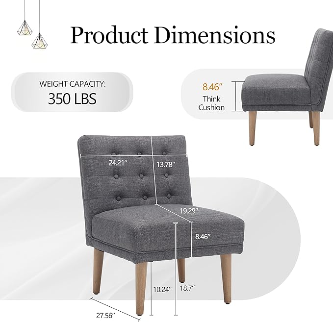 Accent ChairModern Armless Living Room ChairsComfy Upholstered Linen Makeup Vanity Chair with Solid Wood LegsArm Chairs for Reading in BedroomDark Grey