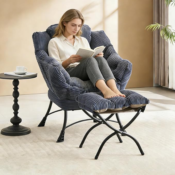Bellemave Lazy Chair with Ottoman Lounge Accent Chair with Armrests and Side Pocket Leisure Upholstered Sofa Chairs with Footrest for Small Space Reading Chairs for Living Room Bedroom (Navy Blue)