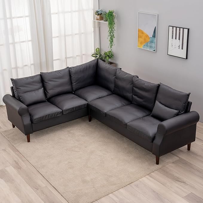 Panana 6 Seater L Shape Corner Upholstered Sofa Couch Artificial Leather L Shaped Corner Sectional Loveseat Ottoman Modern Living Room Sofa (Black Faux Leather 6 Seater L Shape Corner Sofa)