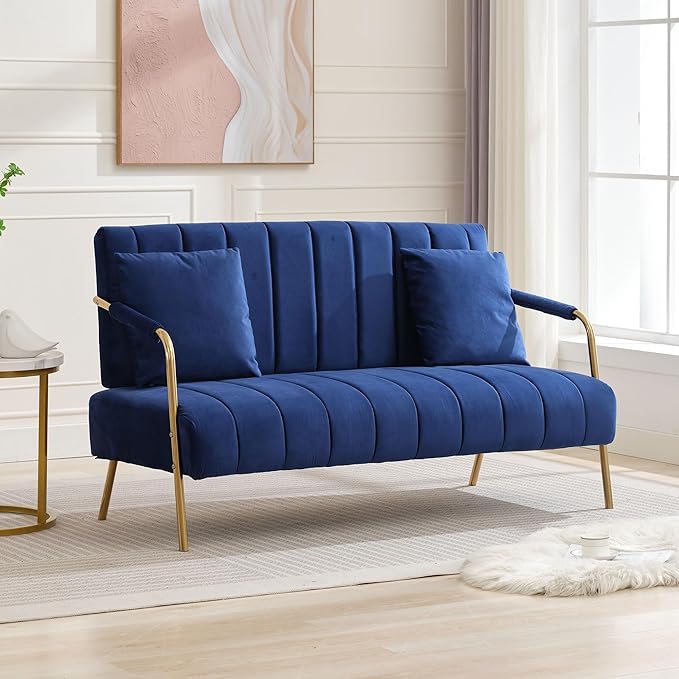 Dolonm 60 Velvet Loveseat Sofa 2 Seater Upholstered Sofa Couch with 2 Pillows Mid Centry Pleated Velvet Sofa with Gold Metal Legs Sofa for Small Space Apartment Office Bedroom