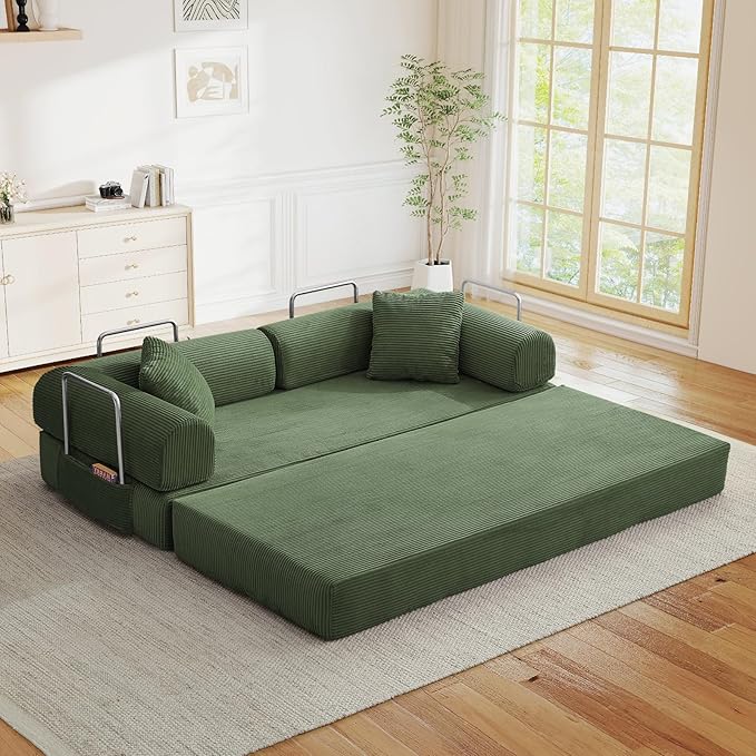 Antetek Modular Couch Bed Convertible Folding Plush Corduroy Comfy Floor Compression Loveseat Sleeper Sofa Couch King Size Bed for Guest Room Living Room Bedroom No Assembly Required Leaf Green
