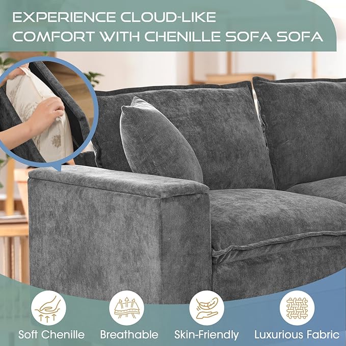 97 5 Seater L Shaped Couch Corner Sofa Oversized Cloud Couch with 2 Pillows Chenille Modular Sectional Sofa Armrests with Two Hidden Storage Space Sectional Couches for Living Room Dark Grey
