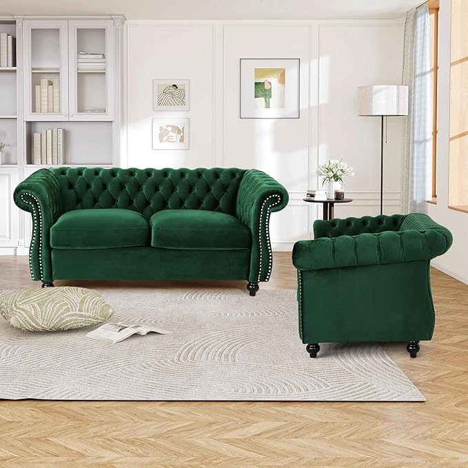 61W Mid Century Modern Chesterfield CouchUpholstered Velvet Loveseat Sofa with Button Tufted &amp Rolled ArmrestsComfy Deep Seat Sofa with Nailhead Trim &amp Gourd Legs for Living RoomApartment(