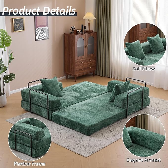 Folding Sofa Bed Convertible Sleeper Sofa Chenille Floor Couch with Pillows Fold Out Couch King Size Bed Futon Foldable Memory Foam Mattress for Living Room Bedroom Playroom (Green)