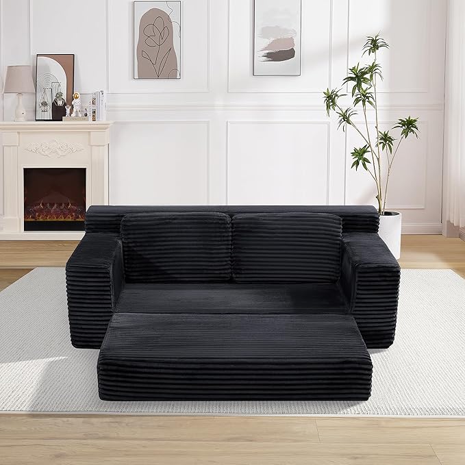 Loveseat Cloud Boneless Couch Upholstered Floor Sofa with Armrests 2-in-1 Convertible Corduroy Couch Bed for Living Room Apartment Black