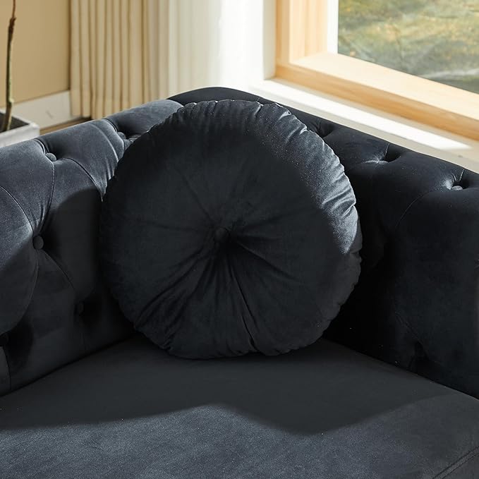 ERYE 60.5-Inch Button Tufted Sofa Couch with 2 Round Pillows 2 Seat Velvet Tufted Sofa Compact Chesterfield Loveseat Couches W/Nailhead DecorRing Accent &amp Golden Legs