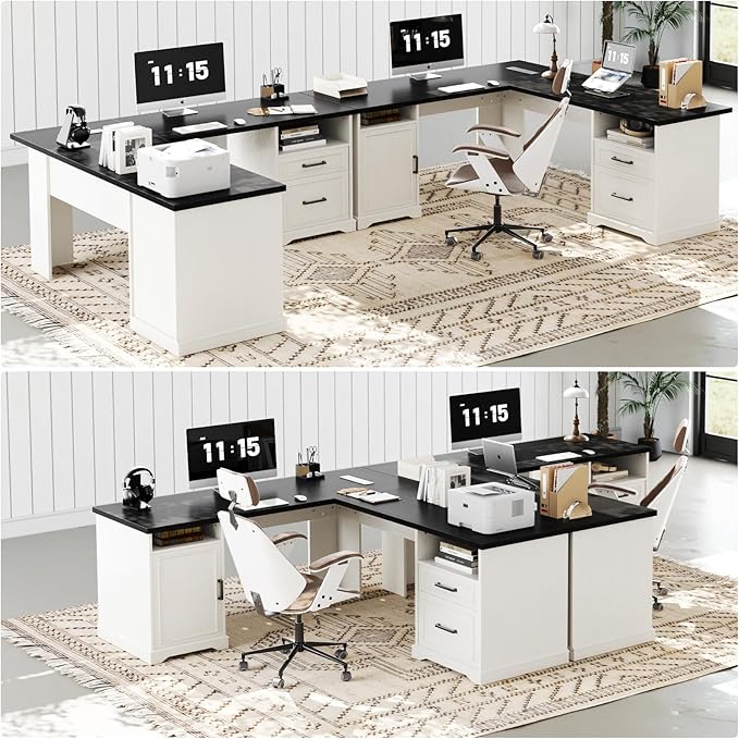 Unikito Farmhouse L Shaped Executive Desk with File Drawers 60 Corner Computer Desk with Power Outlets Large 2 Person Home Office Table with Storage Cabinet Sturdy Writing Desks White and Black