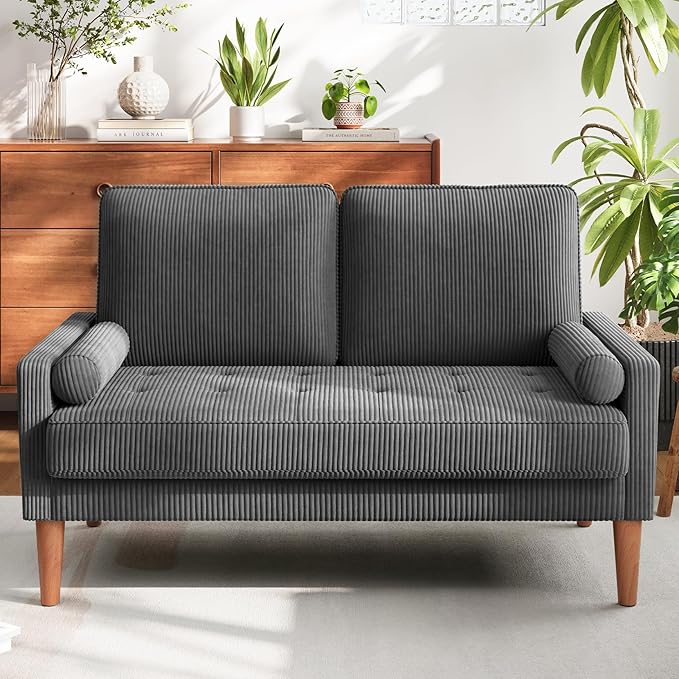 Vesgantti Loveseat Sofa with Solid Wood Legs48 Small Corduroy Couches for Small Spaces Mid Century Modern Love Seat for Living Room Bedroom Easy Assembly with Throw Pillow Grey