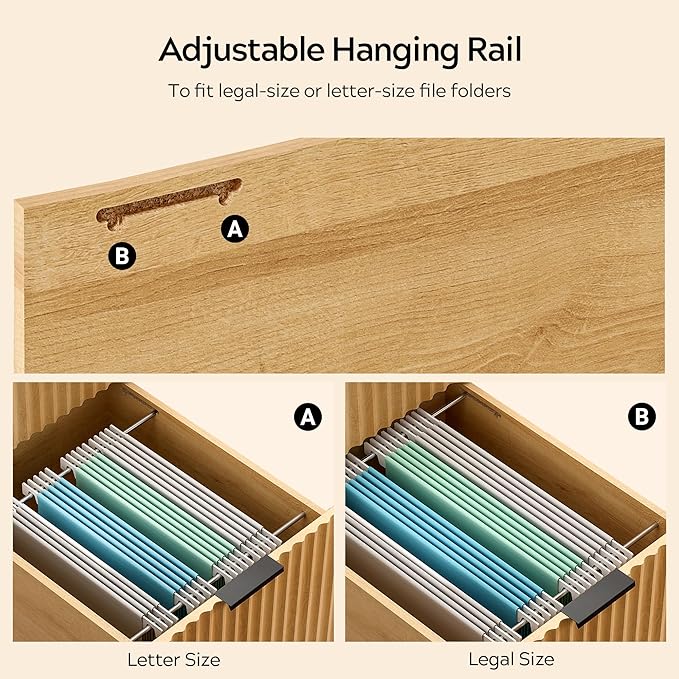 55 Fluted Executive Desk Modern Wood Home Office Desk with Charging Station Keyboard Tray File Drawer Storage Cabinet Computer Writing Desk for Work Study Writing Natural Oak