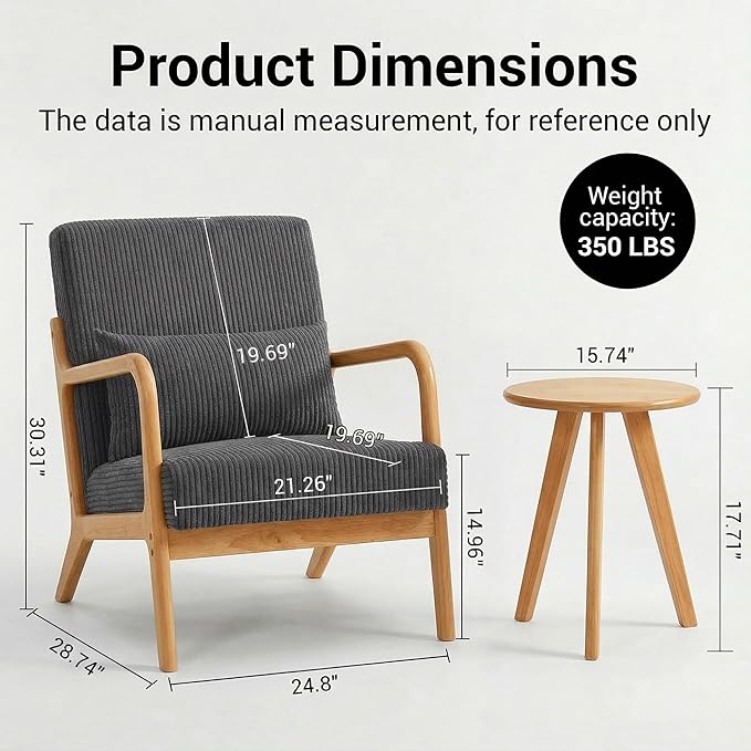 Accent Chair with Side Table Comfy Arm Chair with Solid Wood Frame Upholstered Mid-Century Modern Chair for Living Room Bedroom Waiting Room Gray