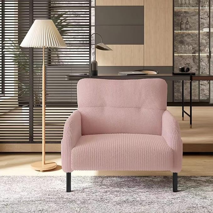 Pink Accent Chair - Corduroy Living Room Chairs with Side Storage Pockets and Durable Legs Comfy Arm Reading Chair with Soft Backrest for Bedroom Balcony Study Room