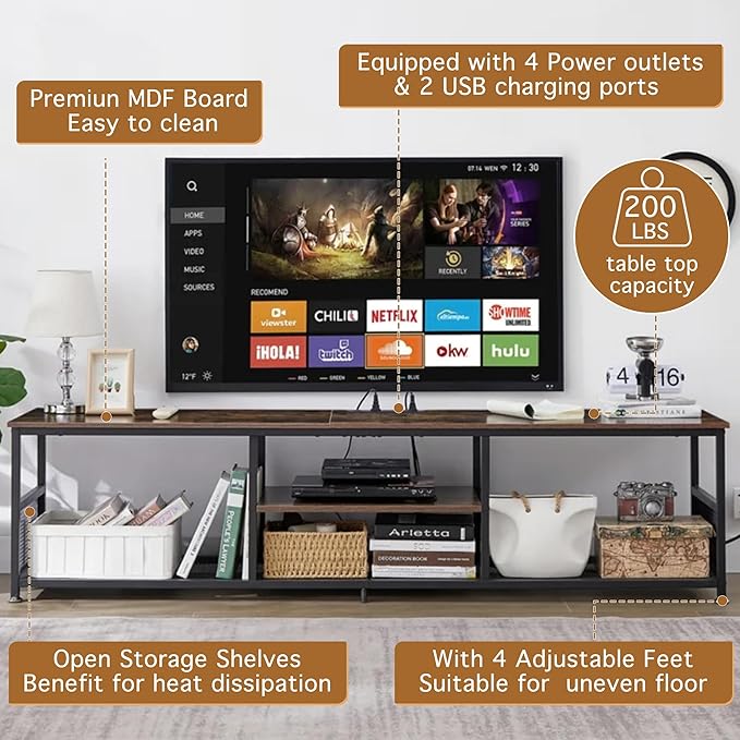 VECELO TV Stand with Power Outlets for Televisions up to 75Inch 62 Media Entertainment Center with Charging Station 3-Tier Open Storage Shelves with Metal Frame for Living Room/BedroomBrown