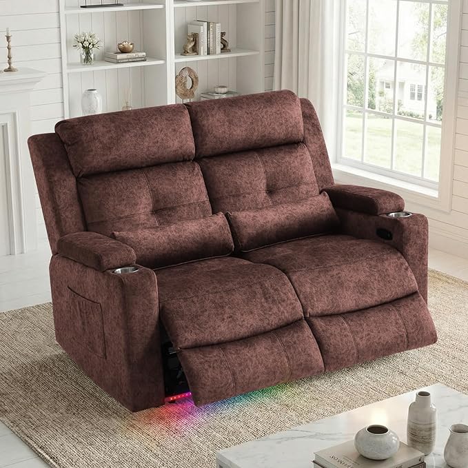 Power Reclining Loveseat Sofa Velvet Loveseat Recliner Sofa Couch with LED Light//Hidden StorageRV Wall Hugger Double Recliner for Living Room (Brown No Console) | LED Light Hidden Storage