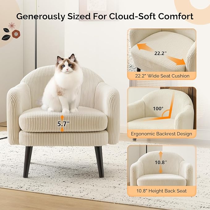 VINGLI 30.3 Wide Modern Barrel Accent Armchair with Track Armrest Solid Wooden Legs Comfy Upholstered Club Chair Round Single Home Sofa for Living Room Bedroom Reading Room Corduroy Beige