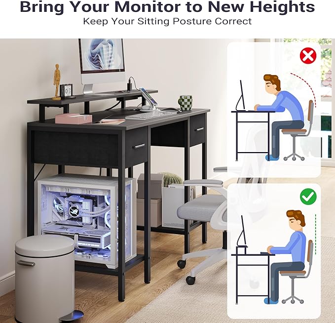 Black Computer Desk with Drawers 42 Inch Home Office Desk Study Writing Table Gaming Desk with USB Power Outlets Office Desk with Fabric Drawer Work Table with Shelf for Bedroom Black