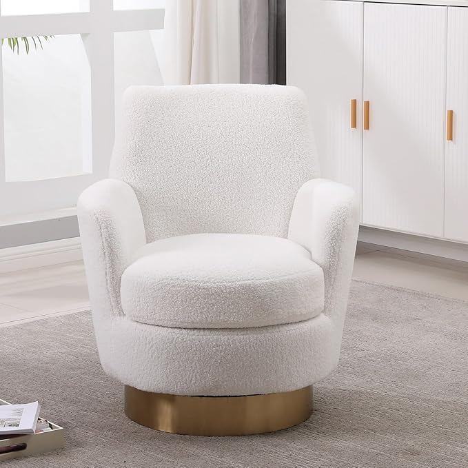 KEIKI Teddy 360° Swivel Barrel Chair with Gold Stainless Steel Base Accent Round Single-seat Upholstered Reading Sofa Armchair for Nursery Reading Living Room Bedroom Lounge Hotel Ivory Teddy