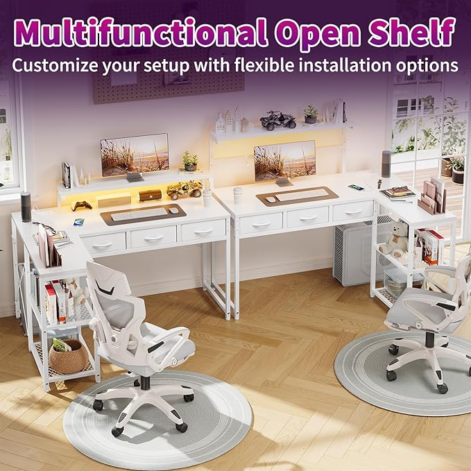 Grandder 50 Inch L Shaped Gaming Desk with 3 Drawers &amp Storage Shelves &amp Hutch Computer Desk with USB Ports Study Writing Table for Bedroom Simple Modern Laptop Desk for Home Office White