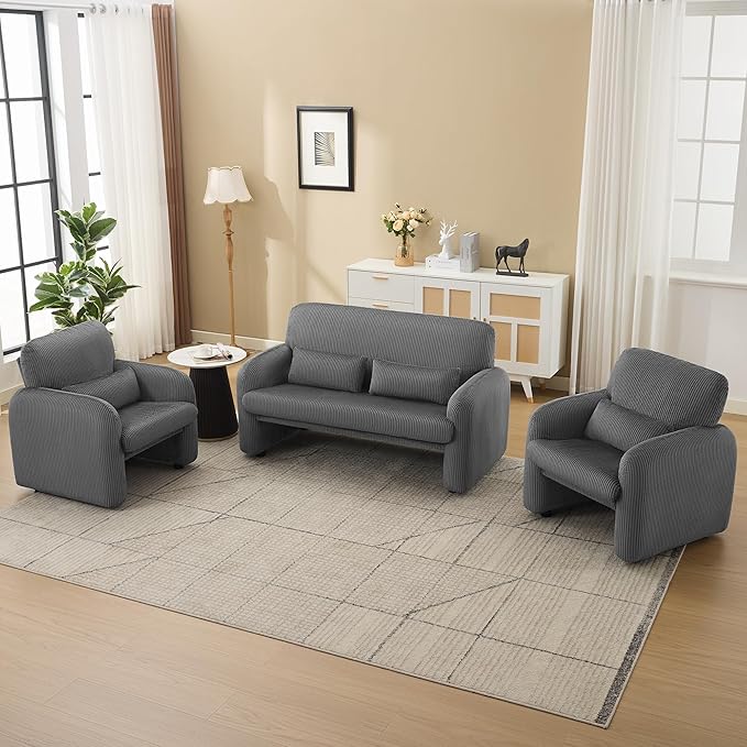 56'' Corduroy Loveseat Sofa 2 Seater Love Seat Couch for Small Space Comfy Upholstered Modern Leisure Loveseat Couches with Lumbar Pillows for Bedroom Office Living Room Grey