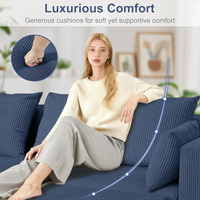 Redlife 117” Modular Sectional Sofa with Ottoman L Shaped Modular Couch Large Sectional Couches Corduroy Combination Sofas for Living Room Apartment Bedroom No Assembly Required Blue
