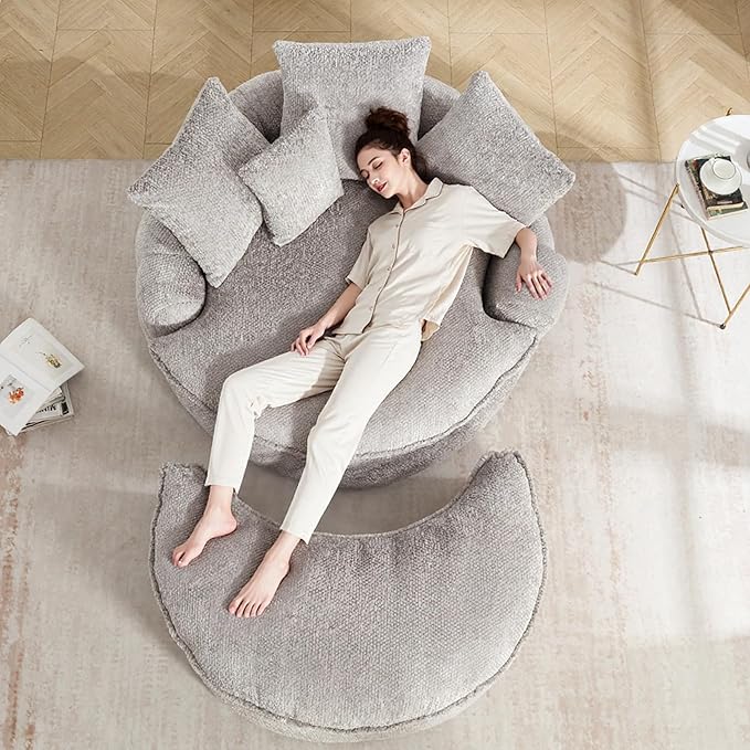 Oversized Fluffy Chenille Lounge Sofa - Extra Deep Seat Cozy Reading Circle Couch for Living Room | Indoor Lounge &amp Oversized Round Accent Design (Light Grey - with Ottoman)