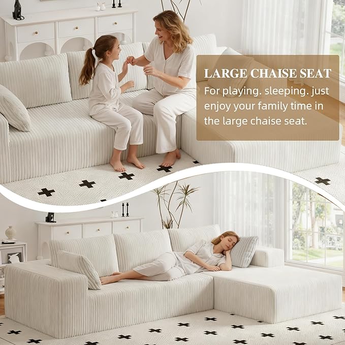 Boneless Couch Corduroy Sectional Sofa Cloud Couches Deep Seat L-Shaped Sofa No Assembly Pet-Friendly Apartment Couch for Small Spaces (Beige L Shape with Right Facing Chaise)