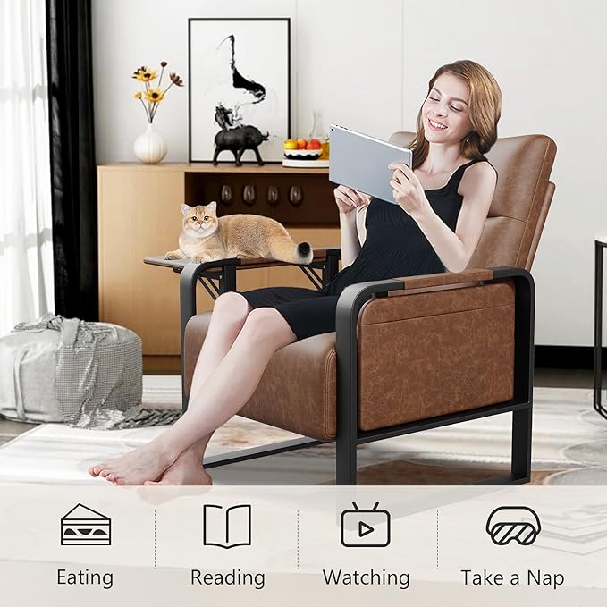 Upholstered Living Room Chair Armchair Mid Century Faux Leather Metal Accent Chair Reception Couch Office Guest Chair Slipper Club Lounge Single Sofa with Sidetable for Bedroom-Brown