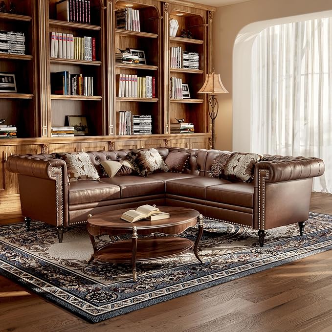 Faux Leather Sectional Sofa Couch for Living Room L Shaped Reversible Modern Chesterfield Sofa with Rolled Arms and Nailhead 5 Seat Tufted Couch for Small or Large Space (Dark Brown)