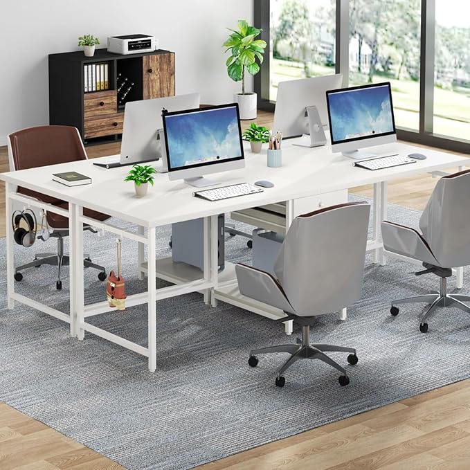 79 2 Person Office Desk with Drawers Double Workstation Desk with Storage Shelf for Two People Two Person Computer Desk with Hooks for Home Office Gaming
