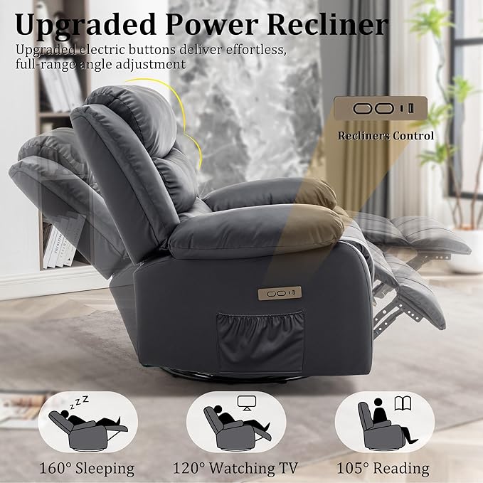 Power Recliner Chair Electric Rocker Recliner with Massage and Heat 270° Swivel Glider Oversized Wide Seat with USB Port Cashmere Nursery Chair for Living Room Black