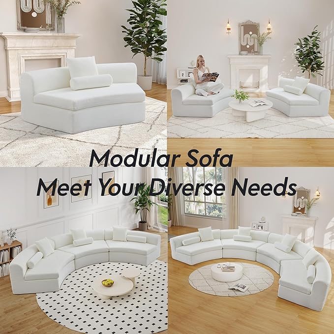 67 Modular Chenille Sofa Chair DIY Modular Single-Unit Sofa Upholstered Deep Seat Curved Foam Sofa Couch with Pillow for Apartment Living Room BedroomOffice (Middle White)