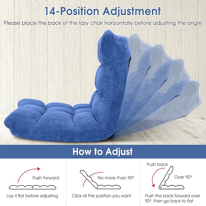 S AFSTAR Cushioned Floor Chair 14-Position Adjustable Padded Lazy Recliner with Comfortable Back Support and Skin-Friendly Cover Great for Reading Playing Game Meditating (Blue)